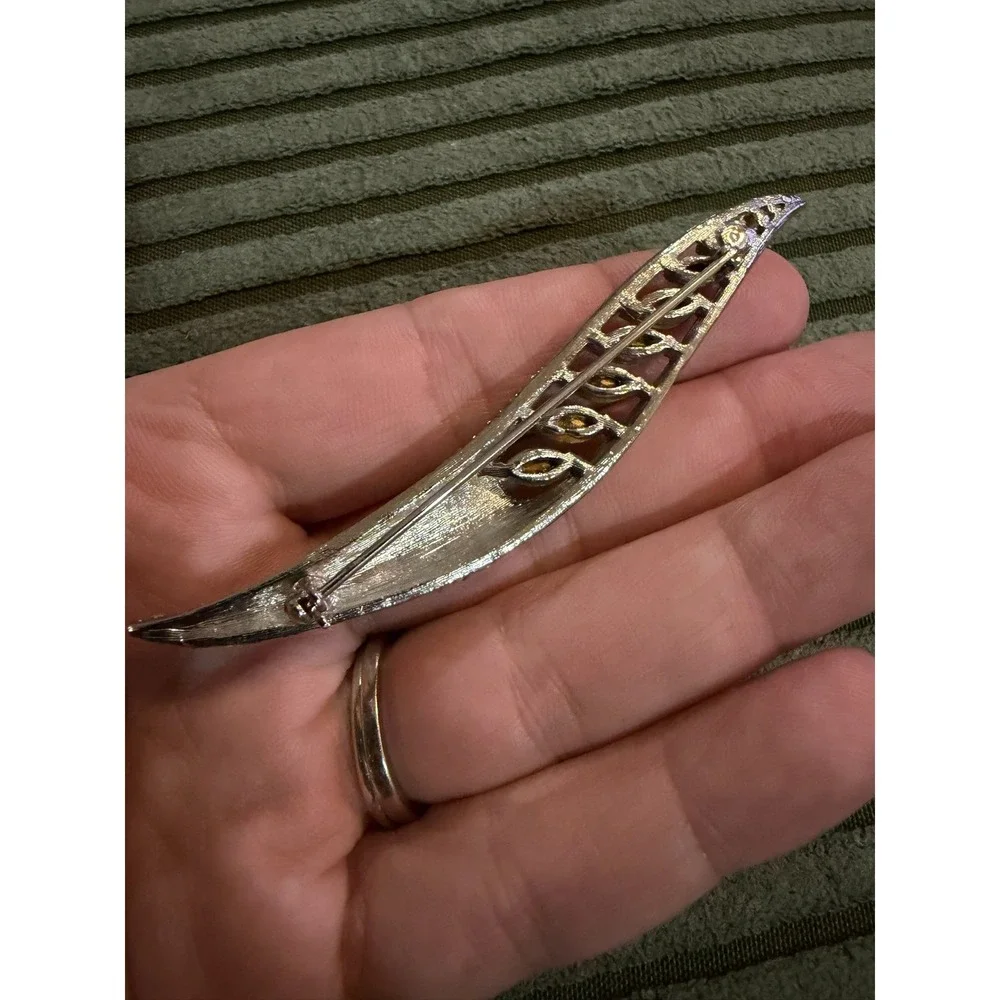 Vintage Silver Tone Marquise and Pavé Clear Crystal Curved Leaf Brooch Pin 3.25